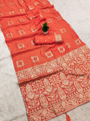 Elegant Orange Cotton Blend Saree Crafted With Rich Zari Weaving & Heritage Floral Design - Image 1