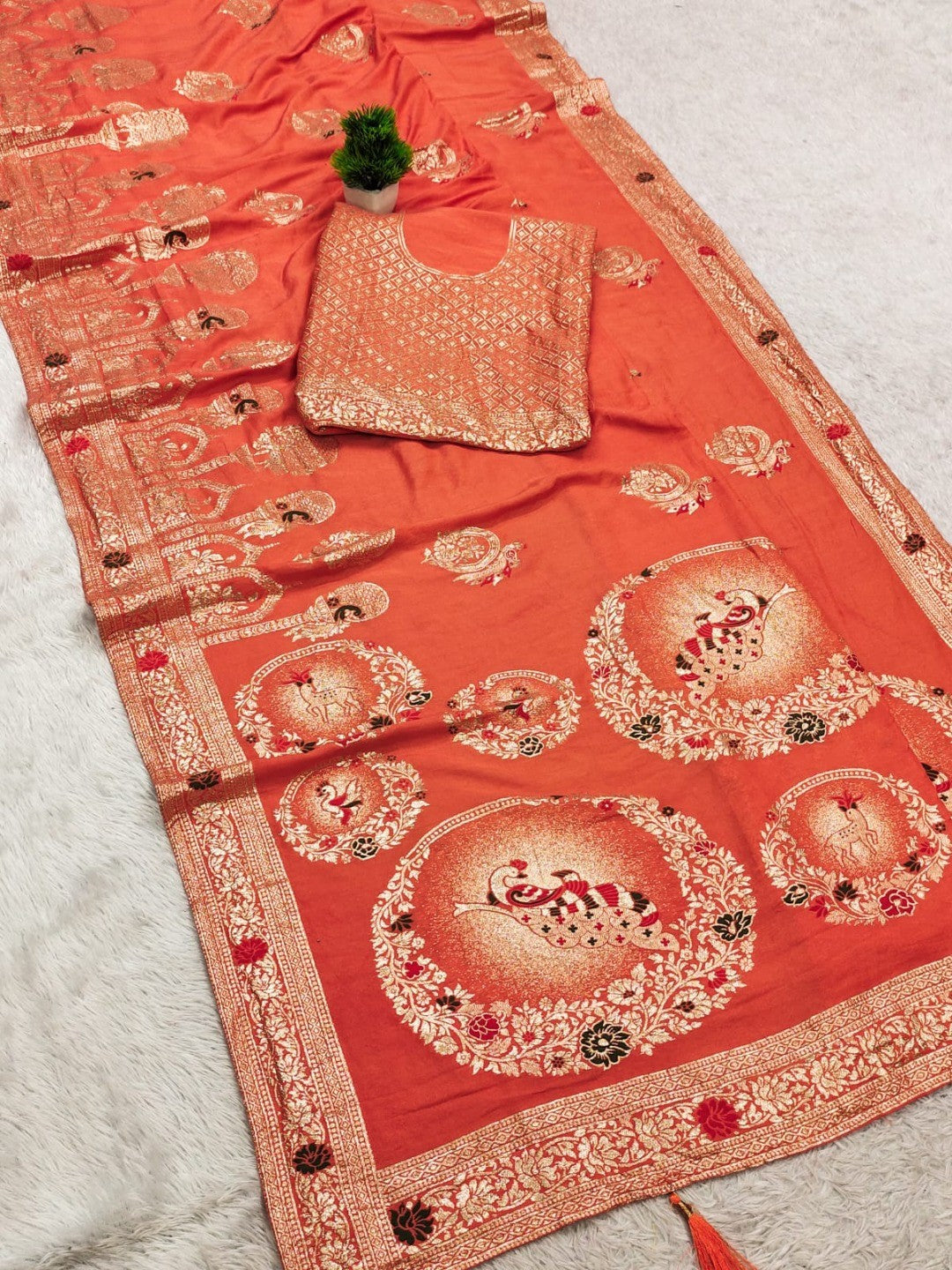Orange Cotton Blend Saree featuring Exquisite Antique Peacock & Deer Motif Weaving With Grand Pallu - Image 2