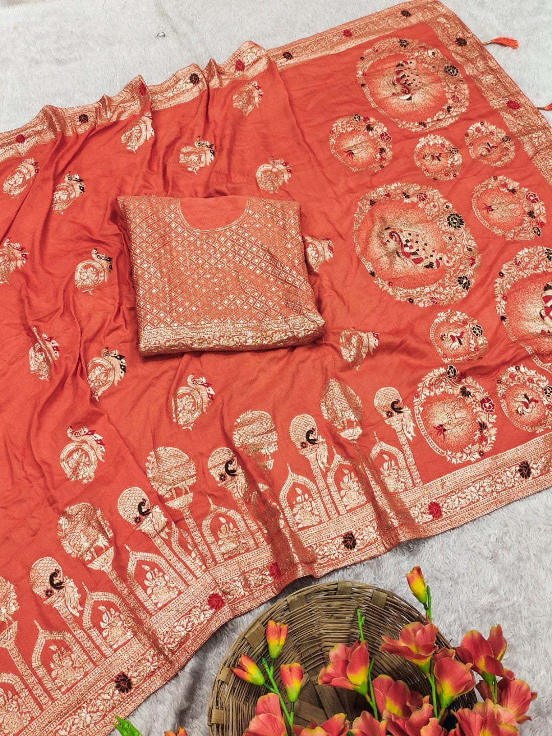 Orange Cotton Blend Saree featuring Exquisite Antique Peacock & Deer Motif Weaving With Grand Pallu - Image 3