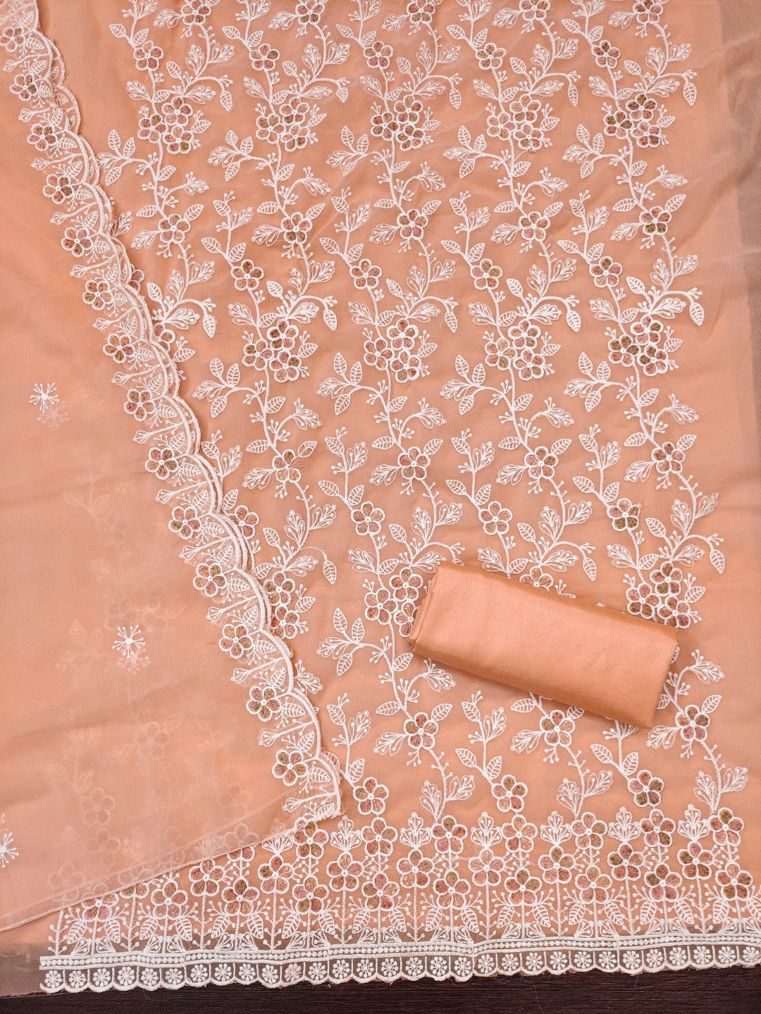 Classic Peach Floral Thread Embroidery Georgette Dress Material For Timeless Ethnic Wear - Image 4