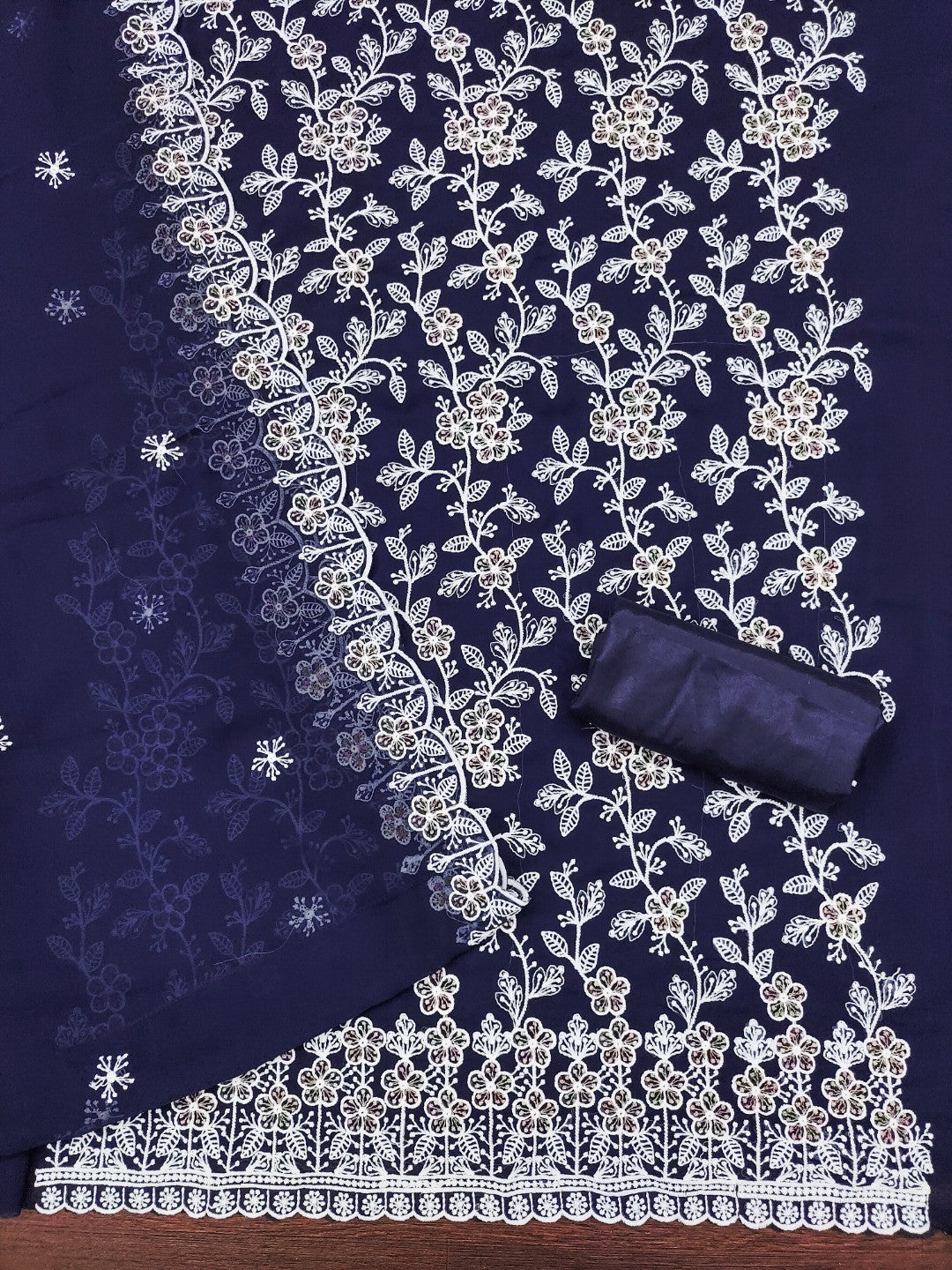 Classic Navy Blue Floral Thread Embroidery Georgette Dress Material For Timeless Ethnic Wear - Image 3