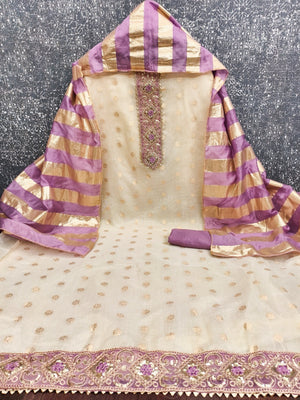 Cream & Lavender Floral Weaving Shimmer Dress Material Adorned With Elegant Sequins Embroidery - Image 2