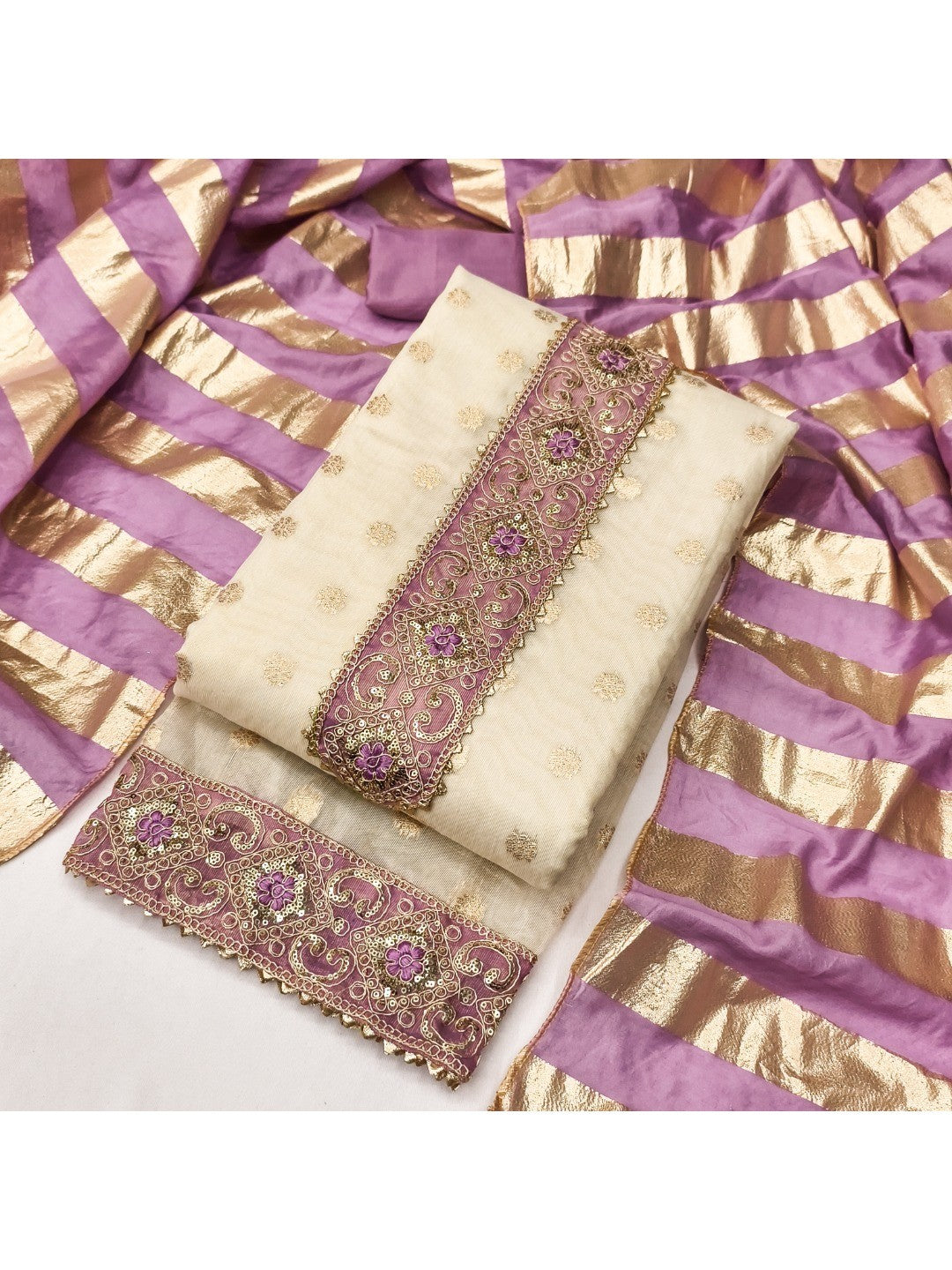 Cream & Lavender Floral Weaving Shimmer Dress Material Adorned With Elegant Sequins Embroidery - Image 4