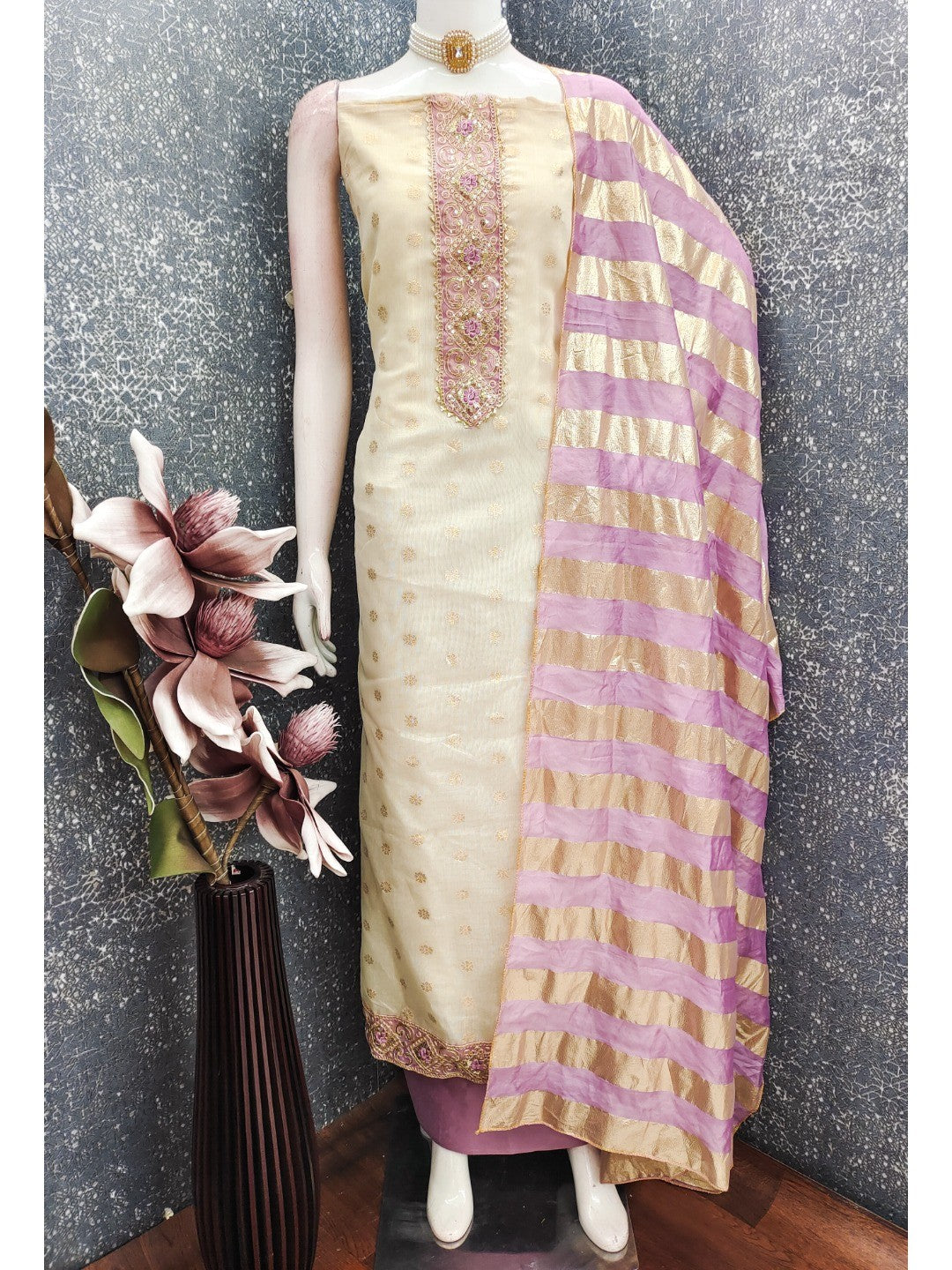 Cream & Lavender Floral Weaving Shimmer Dress Material Adorned With Elegant Sequins Embroidery - Image 5
