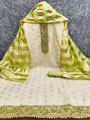 Cream & Green Floral Weaving Shimmer Dress Material Adorned With Elegant Sequins Embroidery - Image 2