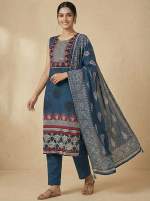 Elegant Blue Geometric Panel Printed Pure Cotton Straight Fit Salwar Suit - Image 1