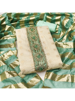 Cream & Sea Green Floral Weaving Shimmer Dress Material Adorned With Elegant Sequins Embroidery - Image 1