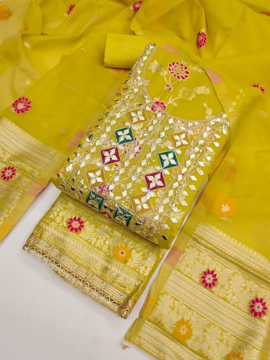 Elegant Lime Green Floral Weave Banarasi Silk Dress Material With Sequins Embroidered Accents - Image 5