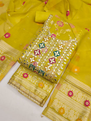 Elegant Lime Green Floral Weave Banarasi Silk Dress Material With Sequins Embroidered Accents - Image 1