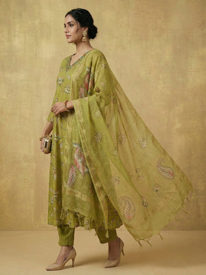 Designer Green Floral Print Viscose A-Line Salwar Suit for Festive and Occasion Wear - Image 2