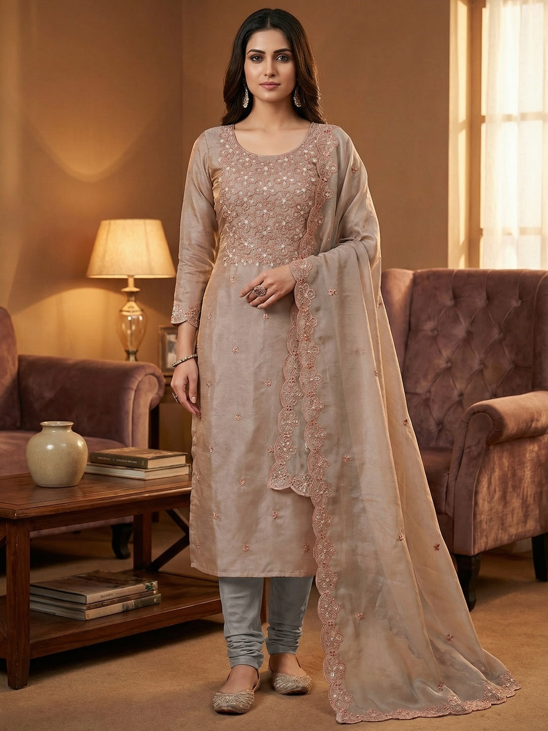 Charming Brown Floral Embroidery Organza Satin Silk Dress Material With Sequins Work - Image 1