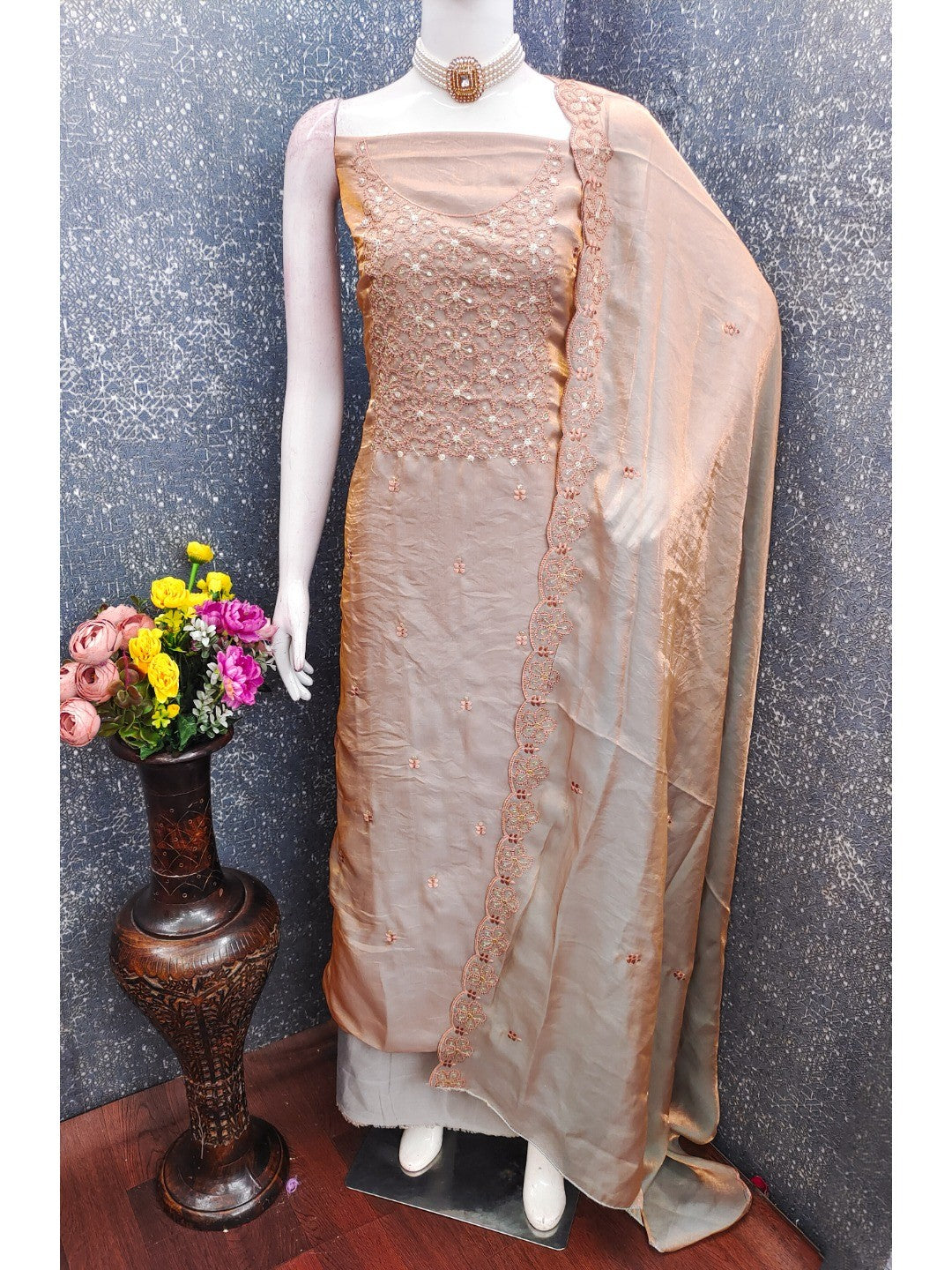 Charming Brown Floral Embroidery Organza Satin Silk Dress Material With Sequins Work - Image 3