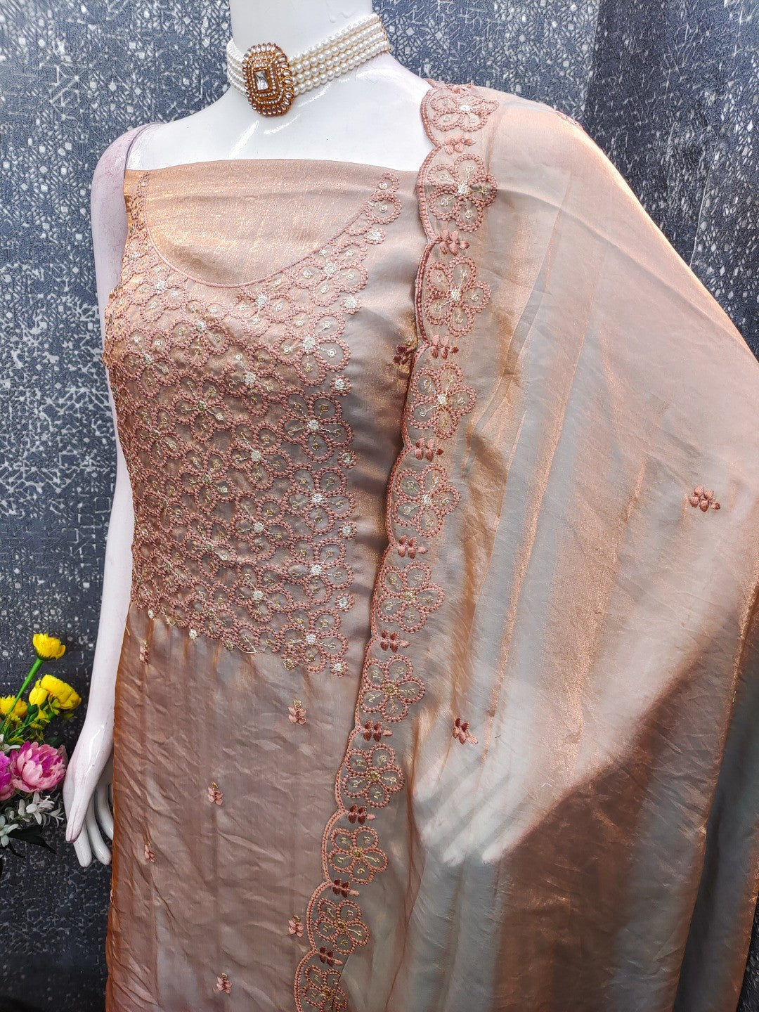 Charming Brown Floral Embroidery Organza Satin Silk Dress Material With Sequins Work - Image 4
