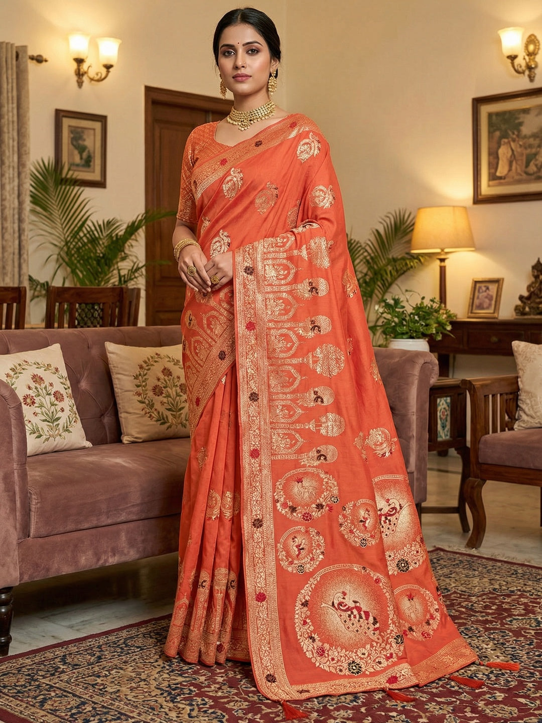 Orange Cotton Blend Saree featuring Exquisite Antique Peacock & Deer Motif Weaving With Grand Pallu - Image 1