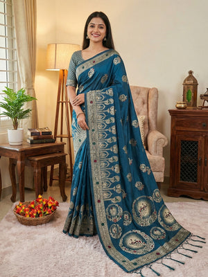 Blue Cotton Blend Saree featuring Exquisite Antique Peacock & Deer Motif Weaving With Grand Pallu - Image 1