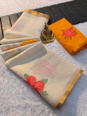 White Linen Cotton Saree Adorned with Vibrant Floral Prints and Breezy Texture - Image 2