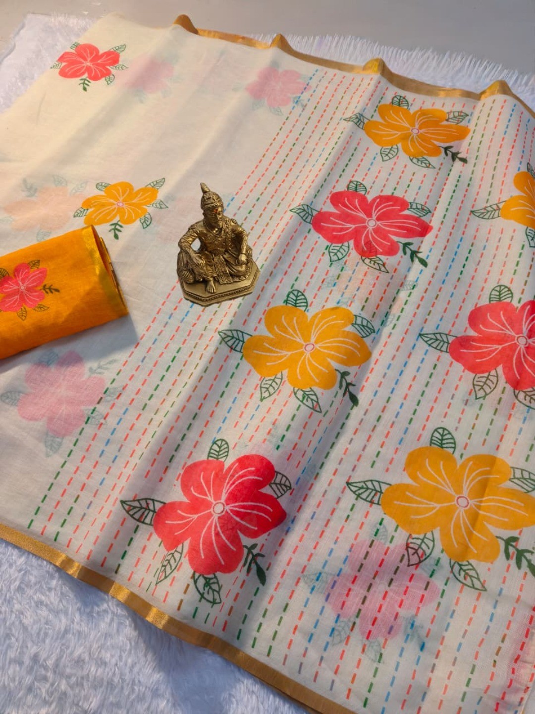 White Linen Cotton Saree Adorned with Vibrant Floral Prints and Breezy Texture - Image 4
