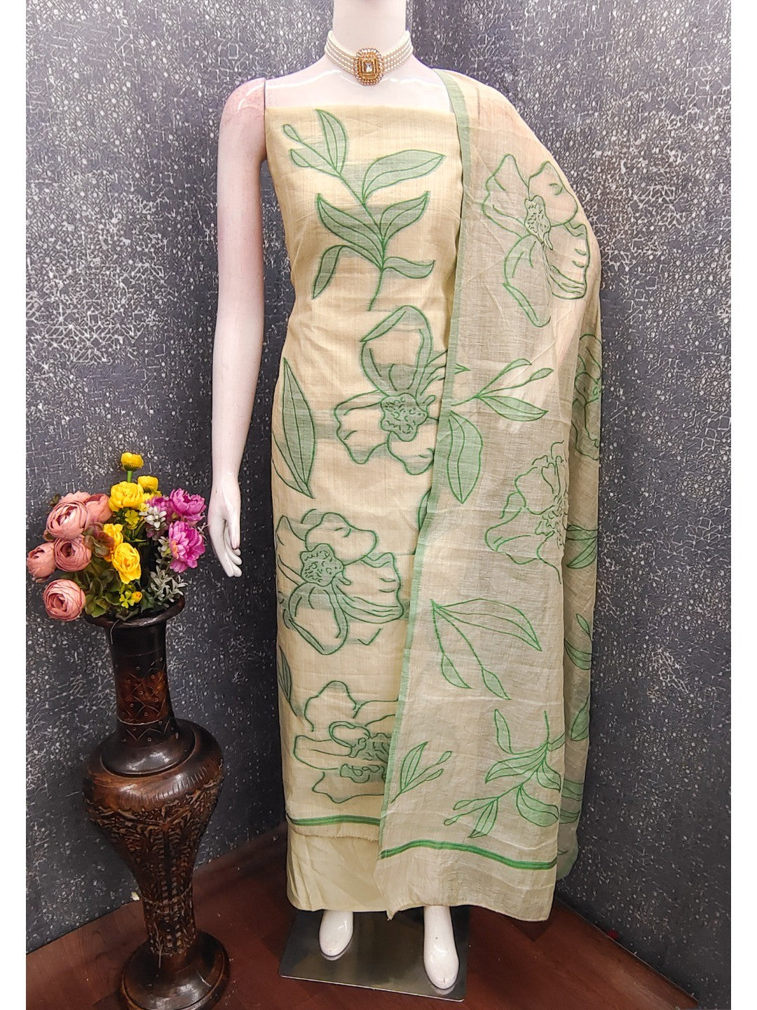 Graceful Cream & Green Chanderi Cotton Suit Fabric with Floral Printed Dupatta - Image 2