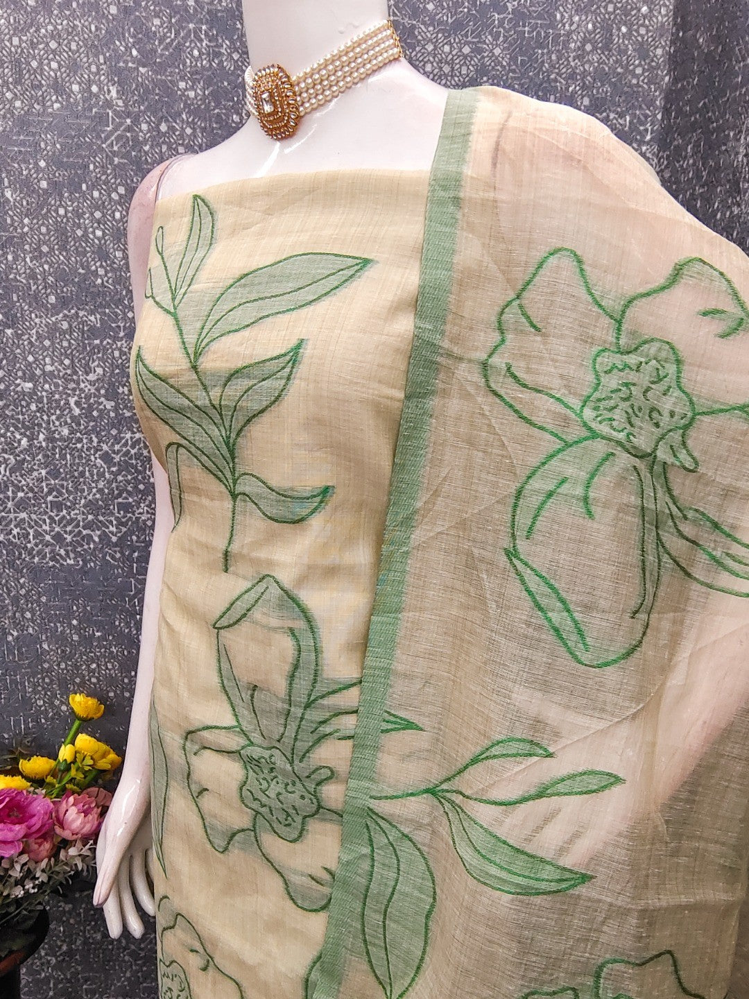 Graceful Cream & Green Chanderi Cotton Suit Fabric with Floral Printed Dupatta - Image 3