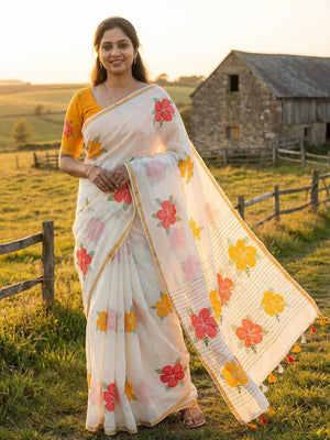 White Linen Cotton Saree Adorned with Vibrant Floral Prints and Breezy Texture - Image 1