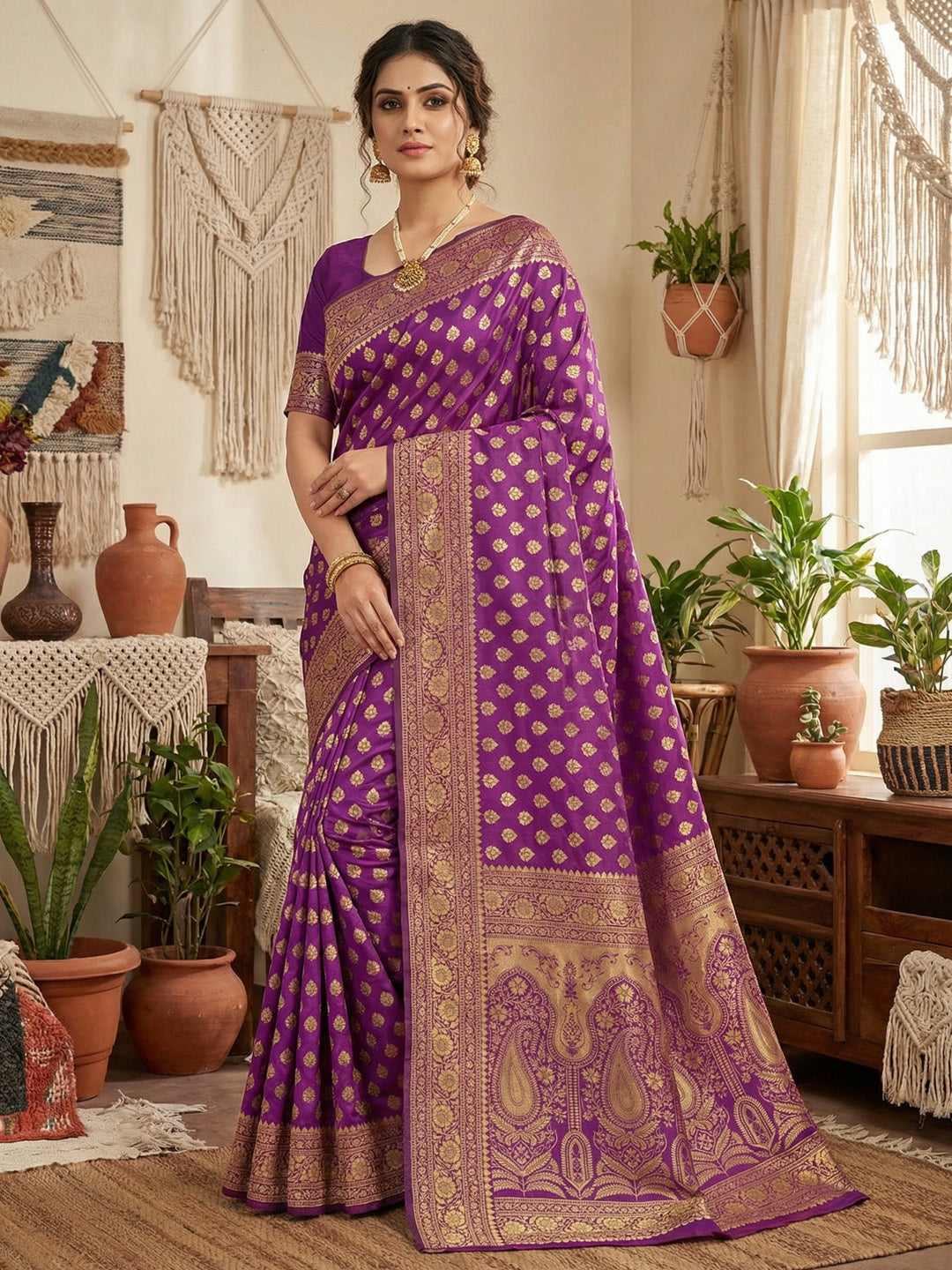 Luxurious Purple Jacquard Woven Lichi Pure Silk Saree Showcasing Floral & Paisley Pallu - Image 1