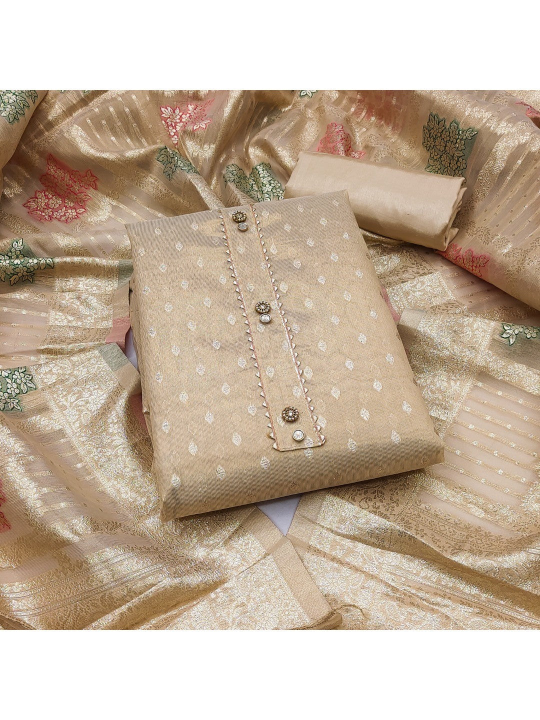 Elegant Beige Banarasi Silk Unstitched Dress Material with Dupatta - Image 2