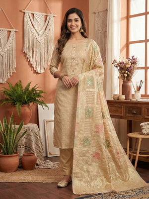 Elegant Beige Banarasi Silk Unstitched Dress Material with Dupatta - Image 1