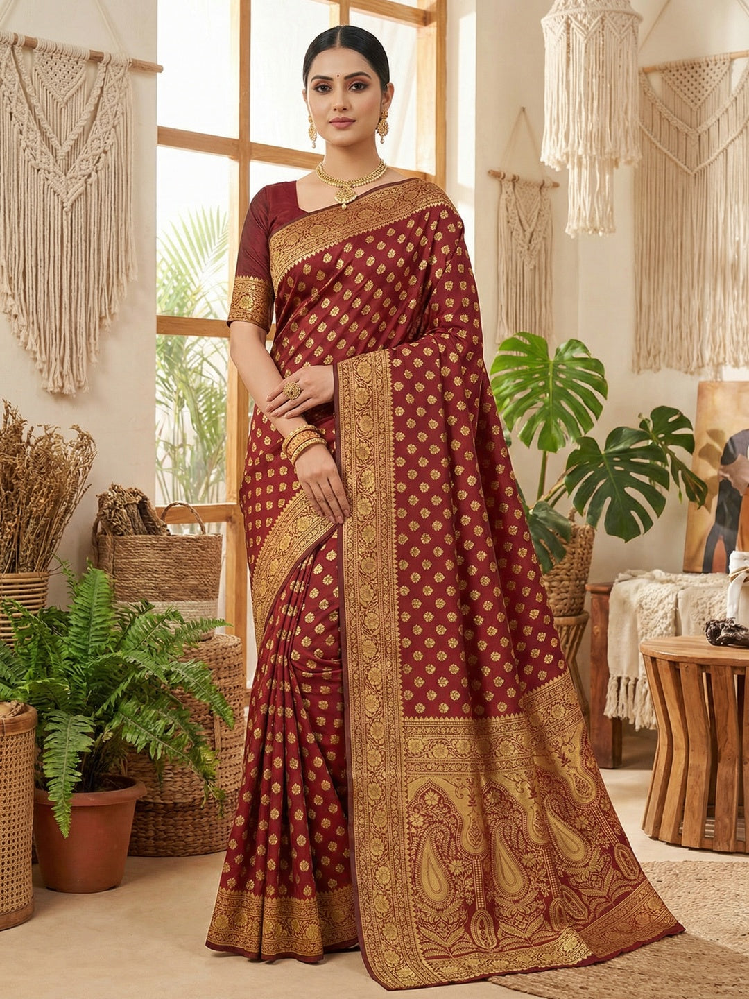 Luxurious Maroon Jacquard Woven Lichi Pure Silk Saree Showcasing Floral & Paisley Pallu - Image 1
