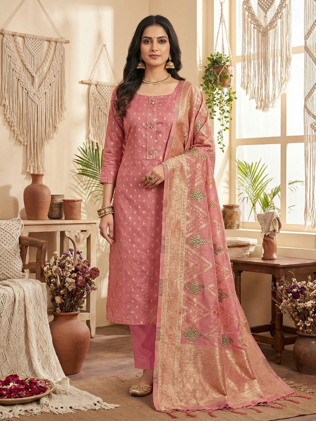 Elegant Pink Banarasi Silk Unstitched Dress Material with Dupatta - Image 1