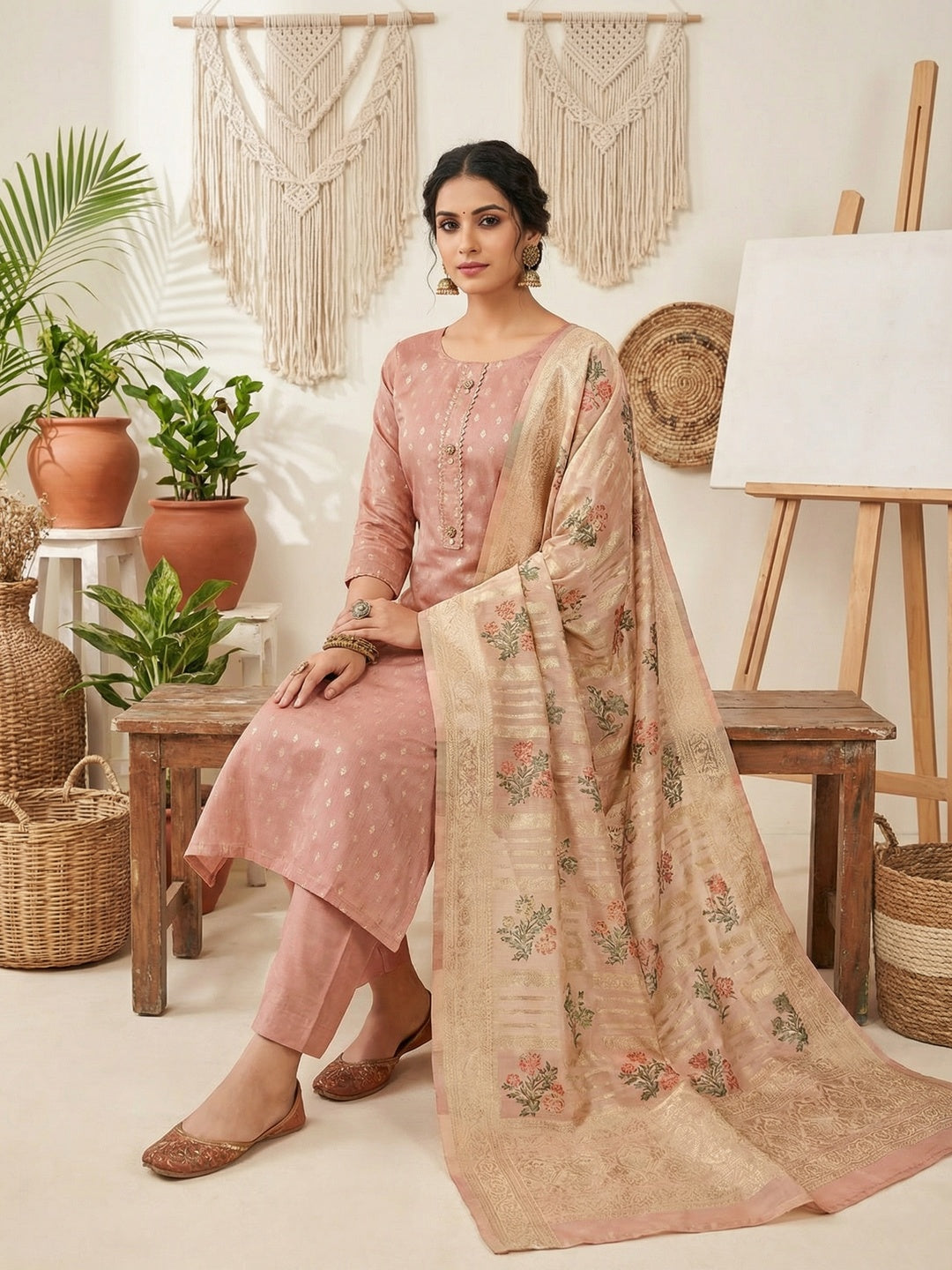 Elegant Dusty Peach Banarasi Silk Unstitched Dress Material with Dupatta - Image 1