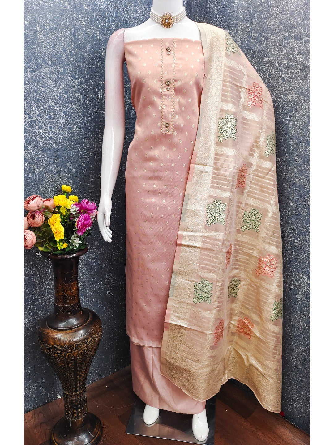 Elegant Dusty Peach Banarasi Silk Unstitched Dress Material with Dupatta - Image 3