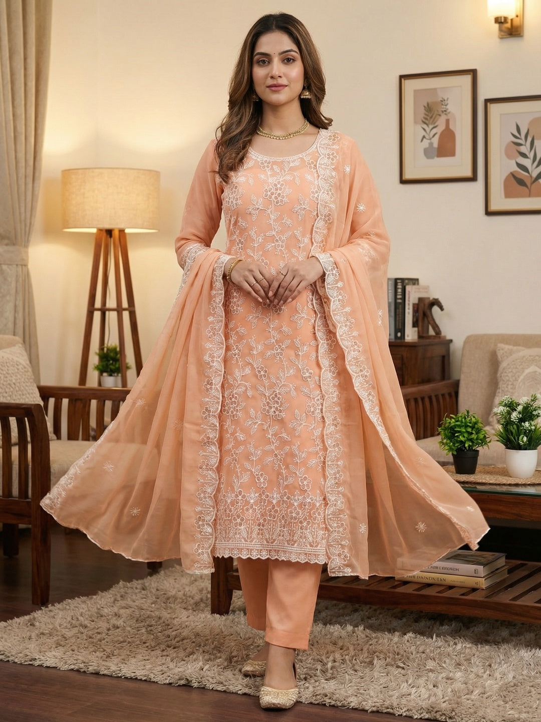 Classic Peach Floral Thread Embroidery Georgette Dress Material For Timeless Ethnic Wear - Image 1
