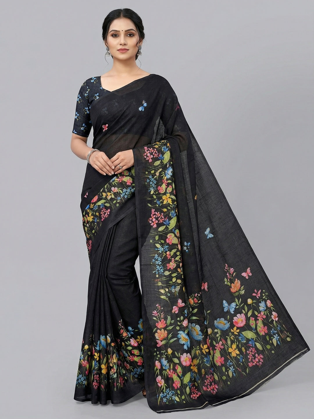 Lightweight Black Floral Printed Linen Saree with Smooth Drape for Daily Ethnic Fashion - Image 1
