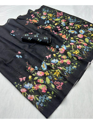 Lightweight Black Floral Printed Linen Saree with Smooth Drape for Daily Ethnic Fashion - Image 2