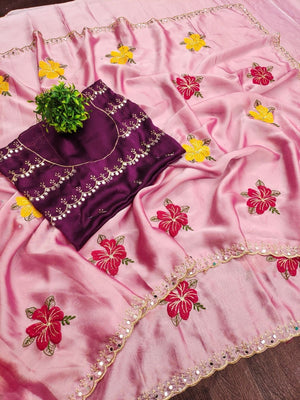 Pink Floral Thread Work Saree Viscose Beautiful Mirror Border Festive Glamour - Image 2
