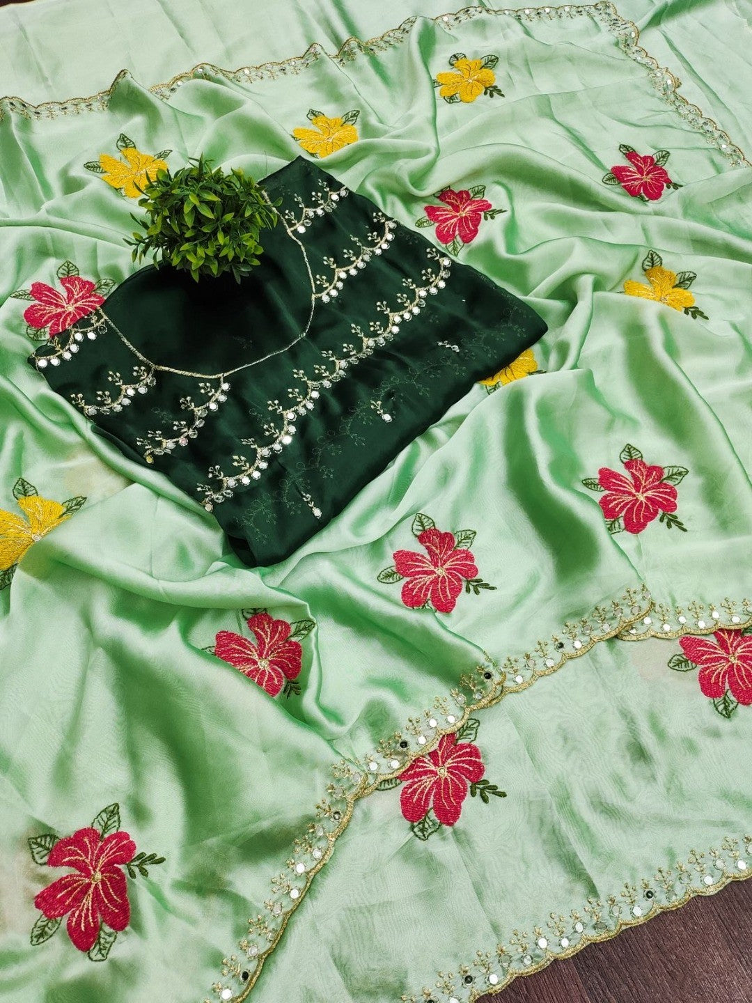 Green Floral Thread Work Saree Viscose Beautiful Mirror Border Festive Glamour - Image 2