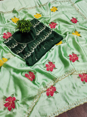Green Floral Thread Work Saree Viscose Beautiful Mirror Border Festive Glamour - Image 2