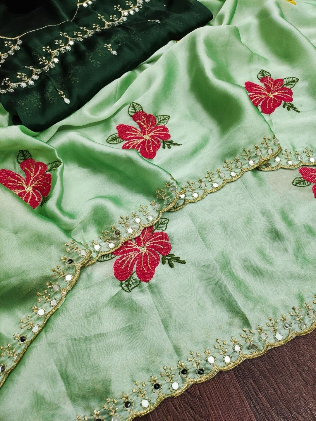 Green Floral Thread Work Saree Viscose Beautiful Mirror Border Festive Glamour - Image 3