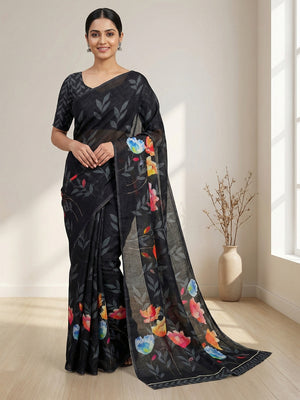 Urban Style Black Floral Printed Linen Saree with Comfortable and Elegant Finish - Image 1