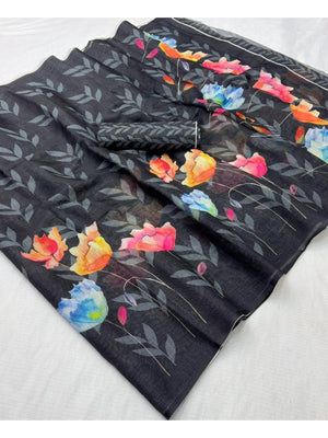 Urban Style Black Floral Printed Linen Saree with Comfortable and Elegant Finish - Image 2