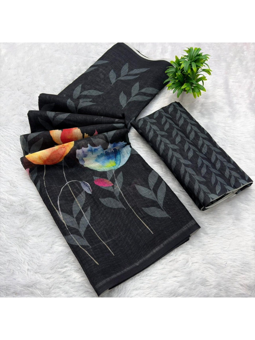Urban Style Black Floral Printed Linen Saree with Comfortable and Elegant Finish - Image 3