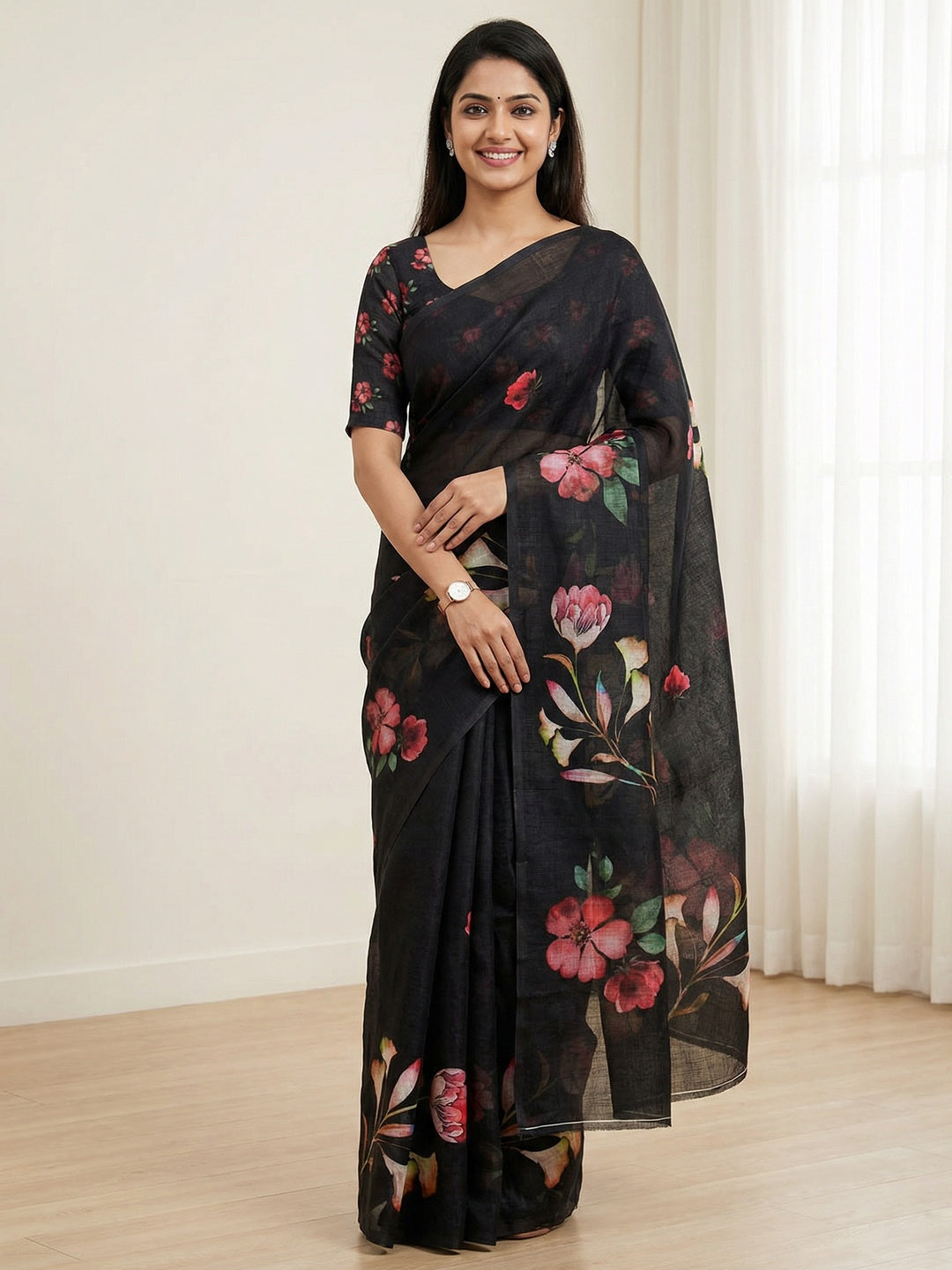Black Floral Printed Linen Saree - Image 1