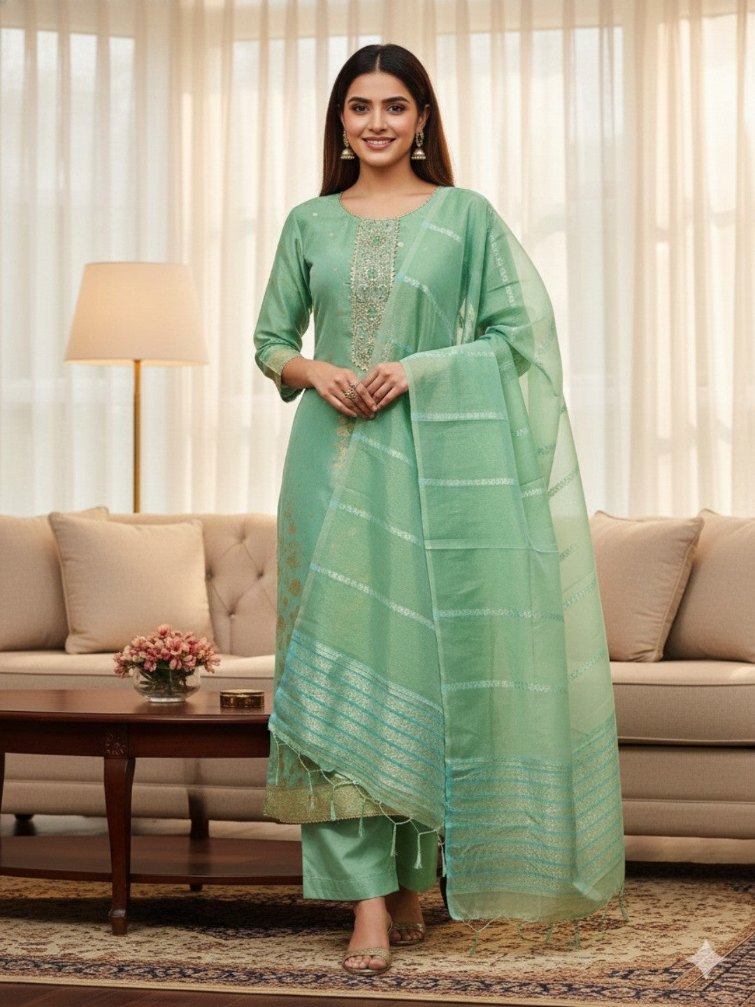 Sea Green Floral Woven Shimmer Dress Material Featuring Delicate Sequins Embroidery On The Neckline - Image 1