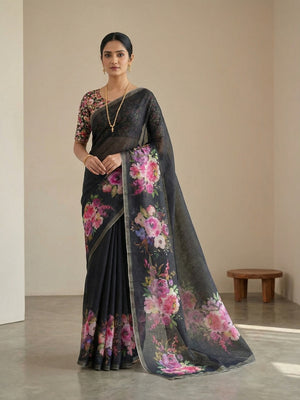 Black Linen Saree with Timeless Floral Printed Detailing for Modern Ethnic Styling - Image 1