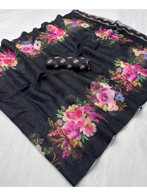 Black Linen Saree with Timeless Floral Printed Detailing for Modern Ethnic Styling - Image 2
