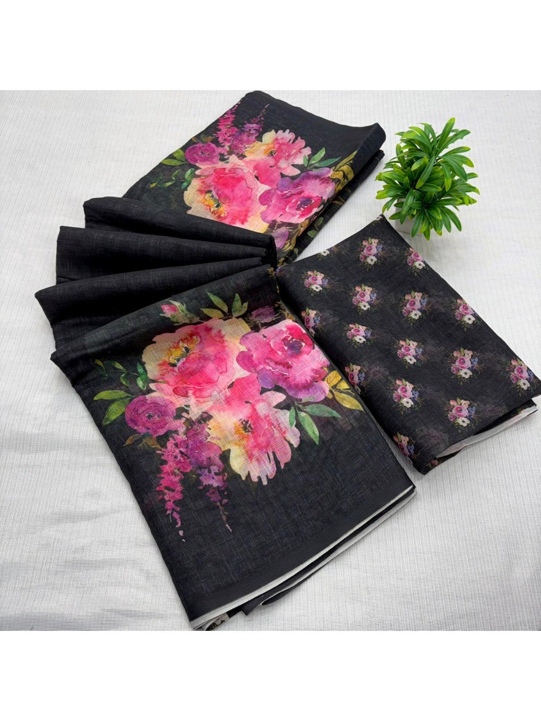 Black Linen Saree with Timeless Floral Printed Detailing for Modern Ethnic Styling - Image 3