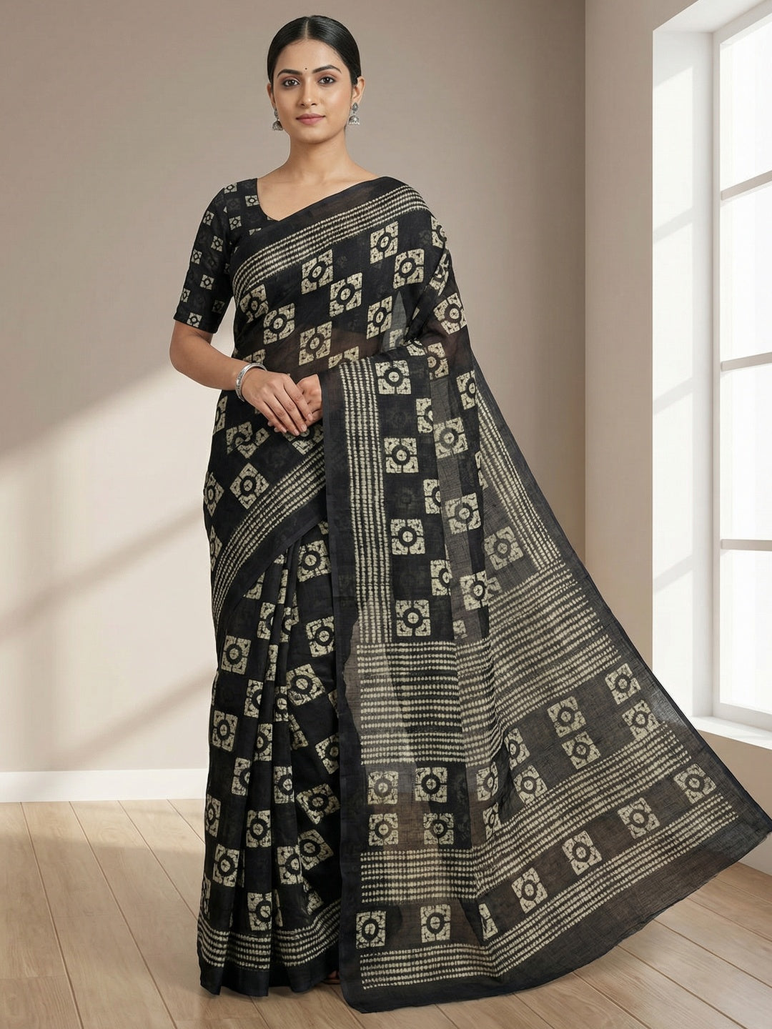 Black Linen Saree with Timeless Floral Printed Detailing for Modern Ethnic Styling - Image 1