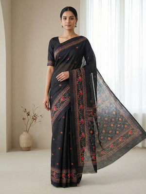 Black Linen Saree with Timeless Floral Printed Detailing for Modern Ethnic Styling - Image 1