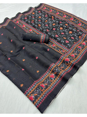 Black Linen Saree with Timeless Floral Printed Detailing for Modern Ethnic Styling - Image 2