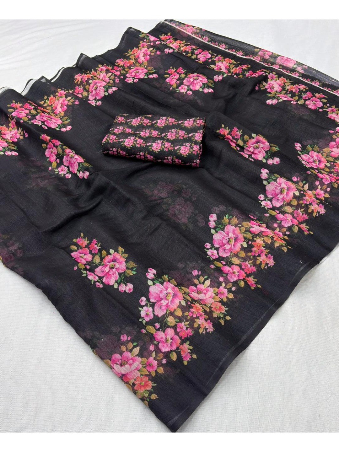 Black Linen Saree with Floral Printed Detailing for Modern Ethnic Styling - Image 2